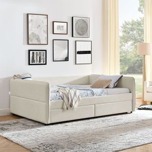 Divano letto imbottito trapuntato Queen Size con letto estraibile 88"x65.5"x29.5" in tessuto bouclé beige, con due cassetti - Product Image 4
