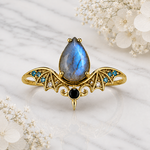 Bague de fiançailles Labradortie Bat Wing en argent sterling 925 massif, rhodiée noire, sertie de griffes, pour femme, style gothique, bague cocktail, vente en gros - Product Image 5