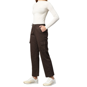 Pantalon cargo taille haute pour femme en toile rose unie, décontracté, longueur intégrale avec poches, style printemps, coupe droite, fermeture boutonnée - Product Image 3