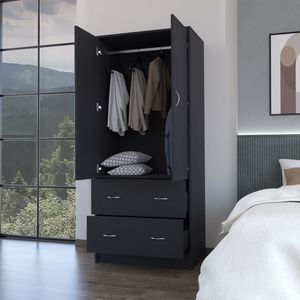 Armario Negro Wenden de FM Furniture con 2 Cajones, 2 Puertas y Amplio Espacio de Almacenamiento, Incluye Barra para Colgar Ropa - Product Image 3