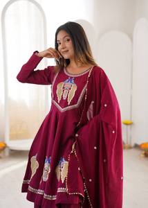 <b>Maroon</b> Roman Silk Embroidered Anarkali Suit Roman Silk Embroidered Sequence Real Mirror <b>Top</b> Pant Dupatta Regular Fit Party - Product Image 2
