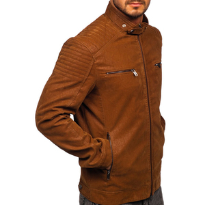<b>Men's</b> Brown PU Moto <b>Jacket</b> Stand Collar Zipper Closure Slim Fit Regular Length Solid Color Eco-Friendly <b>Leather</b> <b>Jacket</b> - Product Image 2