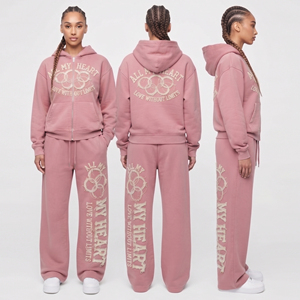 Ensemble de survêtement pour femme avec broderie effet vieilli, comprenant un sweat à capuche et un pantalon de survêtement ample à jambe large, idéal pour l'hiver - Product Image 1