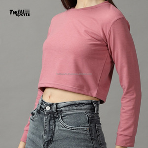 Top Corto de Moda para Mujer, 100% Algodón, Tejido de Punto Liso, Mangas Largas, Corte Ajustado, Cuello Redondo, con Logotipo Personalizado, Ecológico - Product Image 4