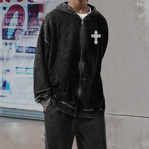 Vintage Goth Punk Zip Up Hoodies for Men Grunge Streetwear Oversized Gothic <b>Cross</b> Graphic Acid Wash Sweatshirt <b>Tops</b> - Product Image 4