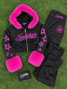 Women’s Black Velour <b>Tracksuit</b> <b>Set</b> with <b>Pink</b> Fur Hood, Rhinestone Star Design & Flared Pants – Custom Logo Fashion Jogger <b>Set</b> - Product Image 6