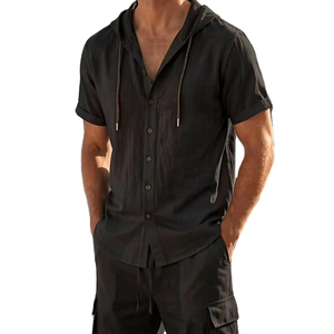 Nouvel ensemble chemise et short en satin de coton pour homme, collection été 2026, couleur unie, col montant, style vintage décontracté, séchage rapide, 140g, lot de 2 pièces - Product Image 1