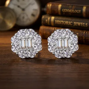 Pendientes de Plata de Ley 925 con Baño de Oro Rosa, con Forma de Flor, que Pasan la Prueba del Diamante, con Moissanita Baguette Iced GRA - Product Image 2