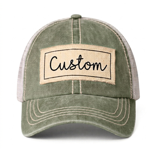 Gorra Trucker de Malla de Algodón Lavado Vintage con Parche de Lona Deshilachada Personalizada, Costura en Contraste, Estilo Dad Distressed, Venta al por Mayor, Unisex, Verano, OEM - Product Image 1