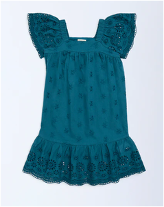 Vestido de Verano para Niñas, Color Verde Azulado, Cintura Media, Algodón, Silueta en A, Mangas con Vuelo - Product Image 1