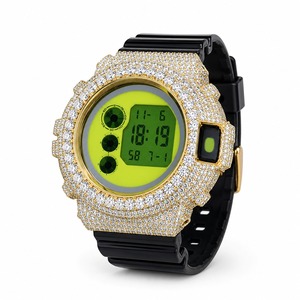 Luxury Men's Square Quartz <b>Watch</b> With Rhinestone Accents Gold Case <b>Black</b> Rubber Band - Product Image 1
