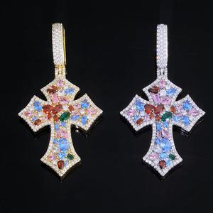 Collier pendentif croix en moissanite plaqué rhodium, serti de pierres multicolores, style hip-hop, chaîne de luxe pour homme - Product Image 3