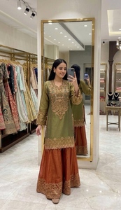 Womens Ethnic Wear Sharara Suit in Glass <b>Silk</b> <b>Fabric</b> with Stylish Kurta Flared Sharara Bottom for Special Occasions - Product Image 3