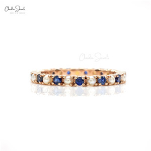 แหวนเพชรพลอยไพลินสีน้ำเงินธรรมชาติ 1.4 กะรัต พร้อมไข่มุกแบบ Eternity Band ตัวเรือนทองคำกุหลาบ 14k แหวนแต่งงานแบบซ้อนได้ ขนาด US -7 ราคาสุดคุ้ม - Product Image 2