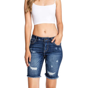 <b>Women's</b> High Waist Distressed Denim <b>Bermuda</b> <b>Shorts</b> Ripped Skinny Fit Casual Summer Streetwear Eco-Friendly with Button Fly - Product Image 1