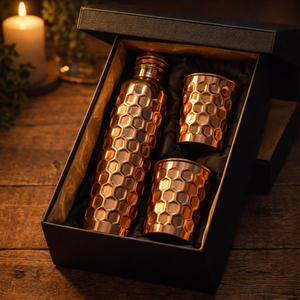 Pure <b>Copper</b> Water <b>Bottle</b> with Two Glass Hammered Design For Hydration Yoga & Ayurveda Inspired Drinkware <b>Bottle</b> With Packaging - Product Image 4