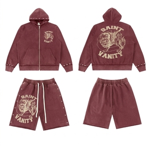 High Quality Rivet Mens 2 Piece Set American Acid Washed Streetwear 100% Cotton Knitted Shorts Pants Saint Vanity Hoodies - Product Image 6
