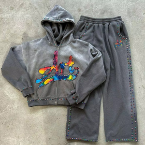 Nouveau sweat à capuche zippé vintage en velours pur coton épais, délavé à l'acide, imprimé motif losanges, respirant, style streetwear personnalisé - Product Image 1