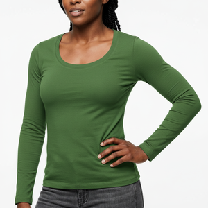 Women's Smart Casual Scoop Neck Long Sleeve Plain Top Fitted Stretch Cotton Fabric Custom <b>Label</b> OEM Wholesale Supplier - Product Image 1