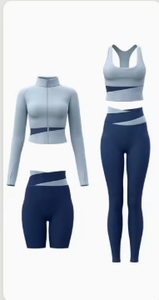 Ensemble 2 pièces sportif bleu clair pour femme, haut zippé à manches longues avec blocs de couleur, leggings assortis à taille marine, tricoté respirant - Product Image 6