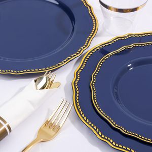 Blue Gold Plastic Plates <b>Dinnerware</b> Set 350pcs Disposable Party Supplies Kits Includes 50 Dinner 50 Dessert 50 Cups - Product Image 4