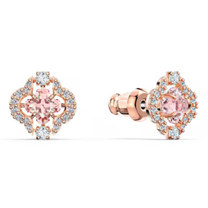 Boucles d'oreilles clous en verre rose plaqué or rose, taille ovale, avec halo de diamants taille brillant rond, bijoux pour femme - Product Image 2