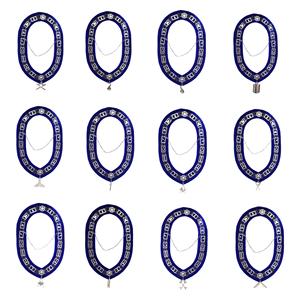 Masonic Officer Chain <b>Collars</b> Set of 12 Blue Leather Vintage Embroidered Lace Sew-On Lodge Regalia with Silver Emblems - Product Image 2