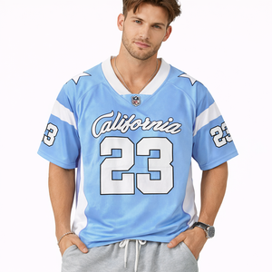 Camiseta de Fútbol Americano Oversize Azul Cielo 2026 para Hombre, Transpirable, de Poliéster, Estilo Urbano, Deportiva, Retro Vintage - Product Image 1