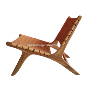 Chaise longue de loisirs moderne en bois de teck massif avec cuir véritable brun tissé pour la maison chambre à coucher à manger hôtel villa meubles - Product Image 6