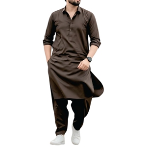 Kurta de algodón marrón para hombre, informal, hasta el tobillo, corte regular, sin arrugas, ropa india y pakistaní para adultos, para todas las estaciones - Product Image 3