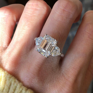 <b>Emerald</b> Cut 3 Carat Moissanite Three Stone Engagement <b>Ring</b> with Heart Side Stones IGI Certified 925 <b>Silver</b> Rhodium Plated - Product Image 2