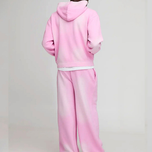 Unisex Pink Cotton Tracksuit Full <b>Zip</b> <b>Hooded</b> Loose Fit Solid Color Casual Wear Adult Spring Style - Product Image 2