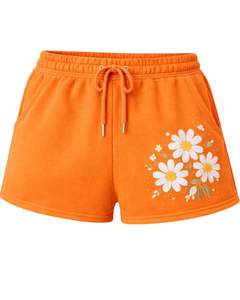 Shorts de Felpa Personalizados para Mujer, Color Naranja, con Estampado de Flores, Cintura Elástica, Casuales, de Verano, Fabricante Personalizado, Suministro al por Mayor OEM - Product Image 1