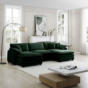 Divano Modulare a U Oversize a 3 Posti con Pouf Convertibili, in Tessuto Corduroy Verde, 2 Poggiapiedi, Comodo per Conversare - Product Image 3