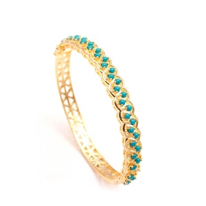 22K Gold Plated Turquoise Bangle <b>Bracelet</b> Geometric Pattern Bezel Setting Women's Classic Everyday Wear Jewelry <b>Adjustable</b> - Product Image 1