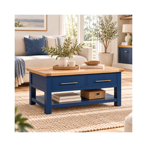 Colección CASCAIS: Elegante mesa de centro de madera con tapa de roble y tiradores de latón, 2 cajones, para sala de estar. - Product Image 1