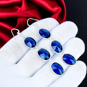 Pendientes de Zafiro Azul, Corte Ovalado, Plata de Ley 925, Pendientes Colgantes Hechos a Mano para Mujer - Product Image 3