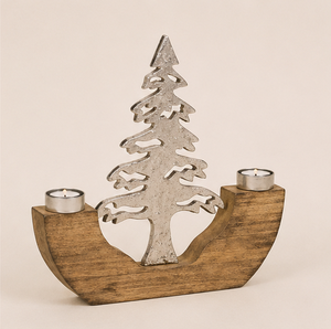 Handcrafted Rustic Christmas Tree Candle Holder With Mango Wood Base And Aluminum Metal Tree Dual <b>Tea</b> Light <b>Stand</b> Home Decor - Product Image 1