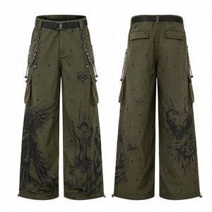 <b>Gothic</b> Wide Leg Cargo Pants Men High Waist Printed Heart Pattern Elastic Waist Canvas Street Style Breathable Autumn Pants - Product Image 4