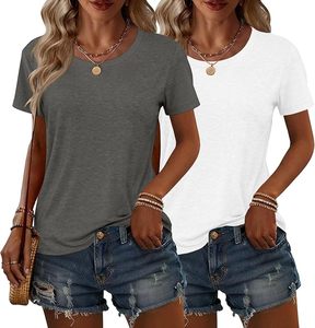 T-shirt à manches courtes pour femme, col en V, couleur unie, coupe classique, 100% coton, toile écologique, décontracté, respirant, à porter au printemps et en été - Product Image 1