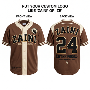 Maillot de baseball pour homme en polyester interlock 220 GSM de qualité supérieure, design à panneaux marron et crème, logo personnalisé en twill, tenue d'équipe - Product Image 1