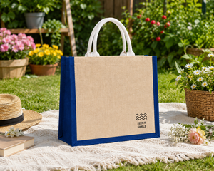 Eco-Friendly Jute Beach Shopping <b>Bag</b> <b>Medium</b> <b>Size</b> Keep It Simple Print Blue Trim Hand Carry Grocery Tote - Product Image 6