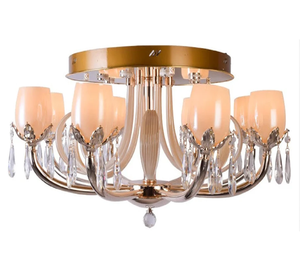 Lujosa lámpara de araña de cristal dorada de montaje empotrado con múltiples brazos y copas lisas en forma de tulipán color crema, disponible a precios de mayorista. - Product Image 1
