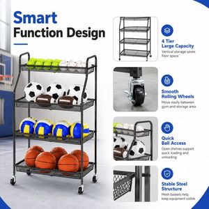 Chariot de rangement à roulettes à 4 niveaux pour équipement sportif avec étagères en treillis métallique pour l'école, la salle de sport et le garage - Product Image 3