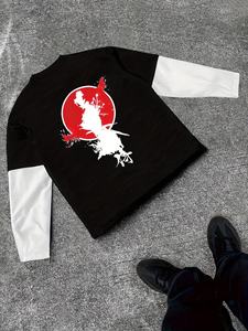 เสื้อยืดคอกลมแขนยาวลายกราฟิกทรงโอเวอร์ไซส์สไตล์วินเทจผ้าฝ้ายสำหรับผู้ชาย เสื้อผ้าสตรีทแวร์ - Product Image 1