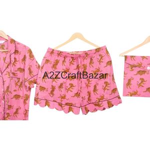 Ensemble de pyjama en coton pur 100% respirant, imprimé à la main, style kangourou, luxueux, élégant et classique pour les vacances d'été - Product Image 3