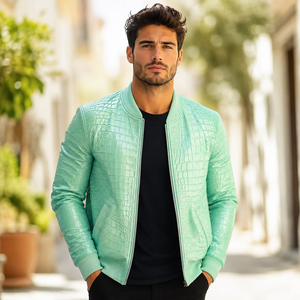 LEATHER SPOT Finished <b>for</b> Embossed Leather Luxury Textured Breathable <b>Summer</b> <b>Men's</b> Bomber <b>Jacket</b> - Product Image 4