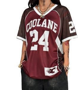 Camisetas de malla extragrandes para mujer, estilo Y2K, color borgoña, con gráfico de número en contraste, personalizadas, OEM, al por mayor, tipo jersey de fútbol americano. - Product Image 1