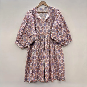 Robe midi décontractée en coton pour femme avec manches ballon - Robe d'été style babydoll taille empire - Tunique ample 100 % coton à col en V - Product Image 2