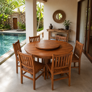 Modern Solid Teak Wood <b>Round</b> Outdoor Dining <b>Table</b> Set with Slatted Chairs Garden <b>Patio</b> Resort Hotel Villa Furniture - Product Image 2